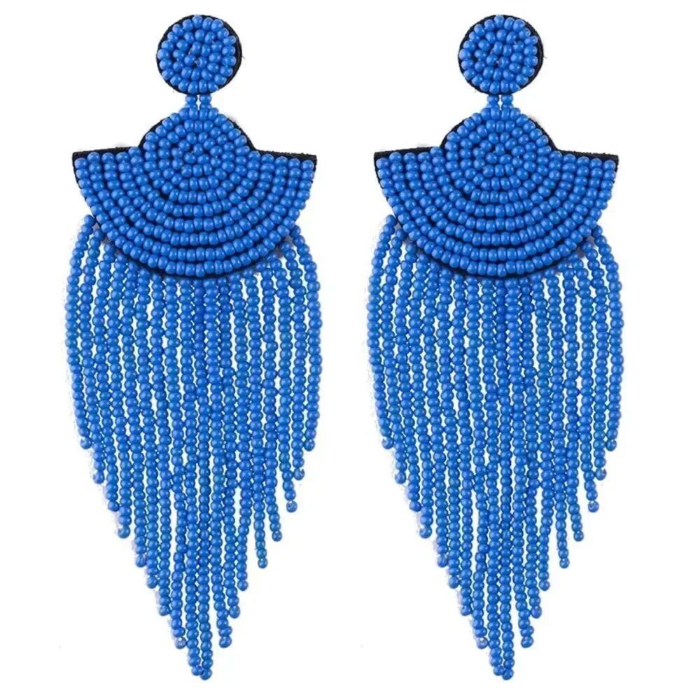 Long Boho Blue Beaded Tassel Fringe Dangling Drop Fan Chandelier Post Earrings